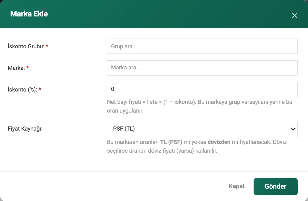 İskonto Grubu, Marka, İskonto (%) ve Fiyat Kaynağı alanlarını içeren form