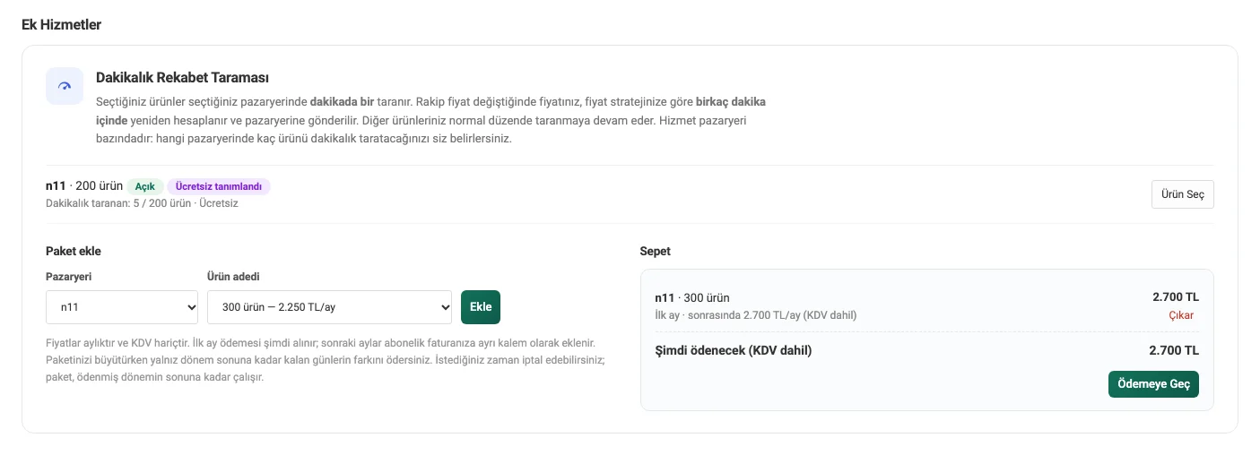 Hesabım sayfasında Ek Hizmetler bölümü