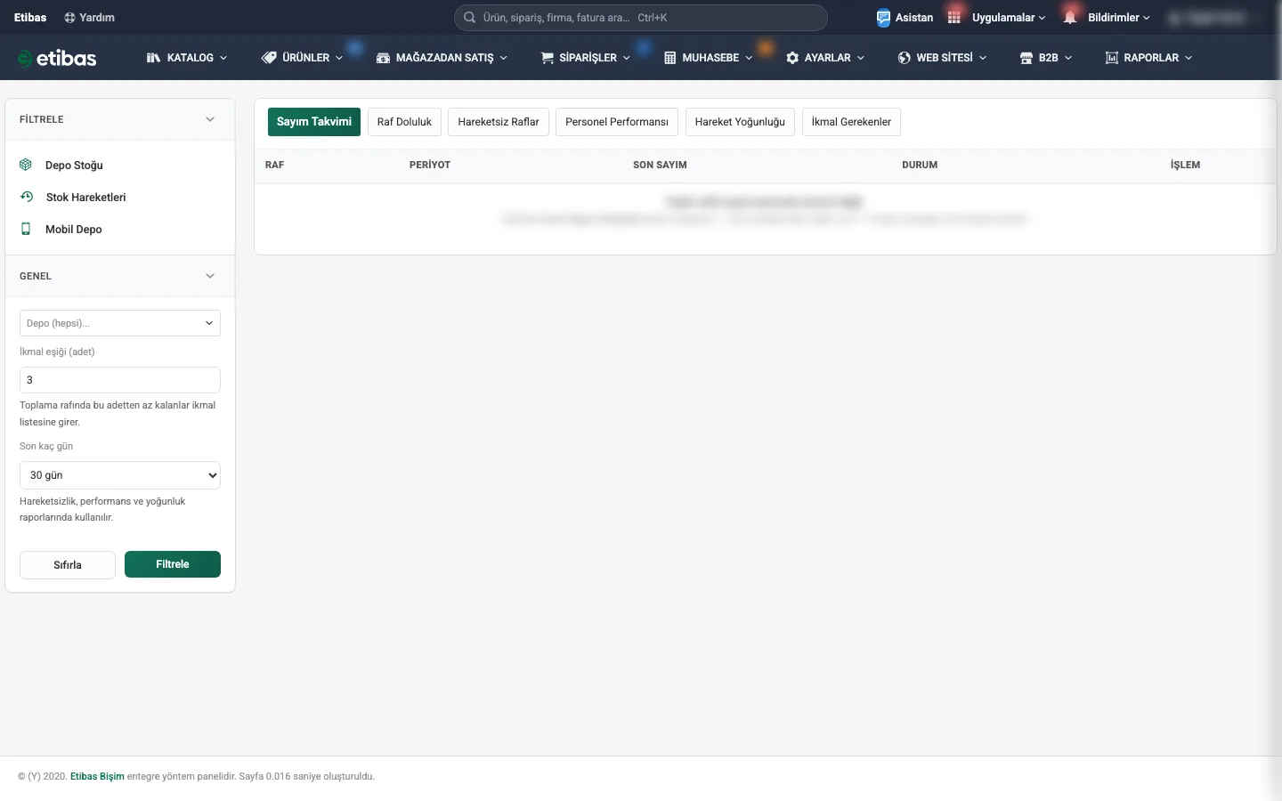 Depo Raporları listesi ve üstteki filtre alanları