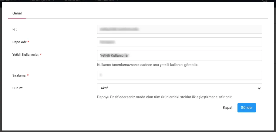 Depo Güncelle formu