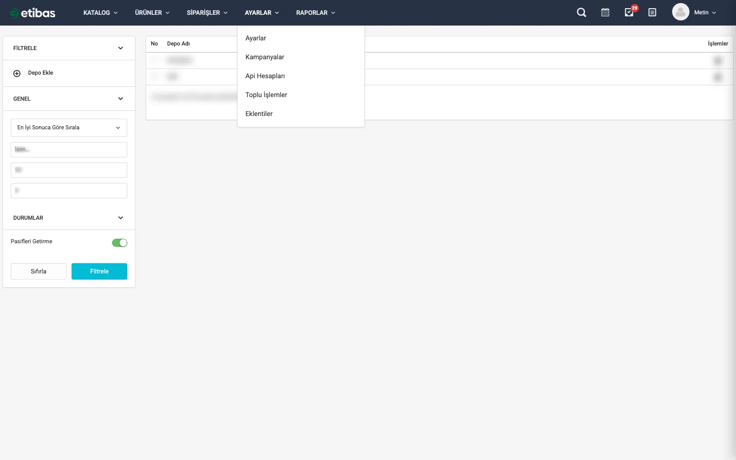 Depo & Raflar menüsü