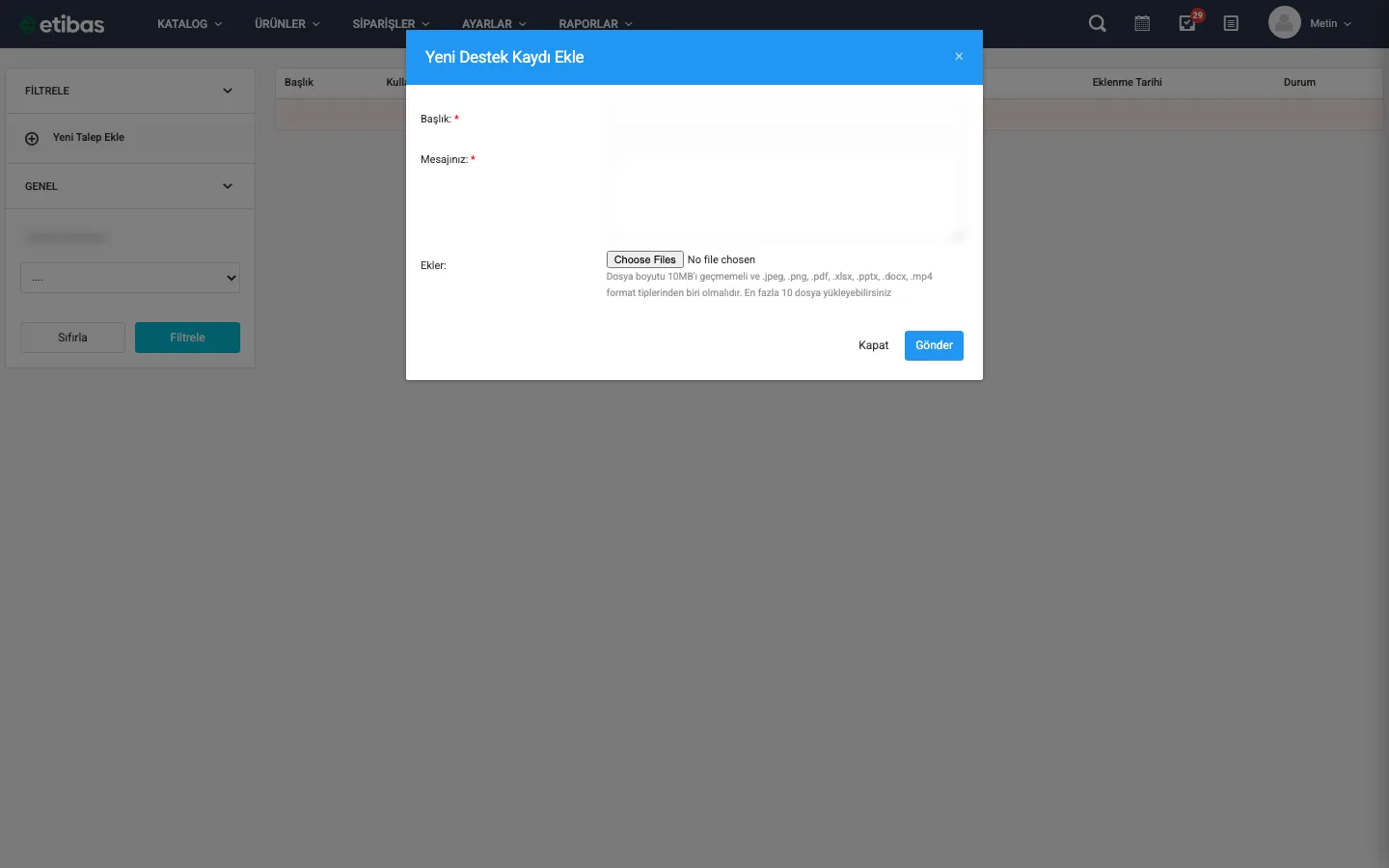 Yeni Destek Kaydı Ekle formu