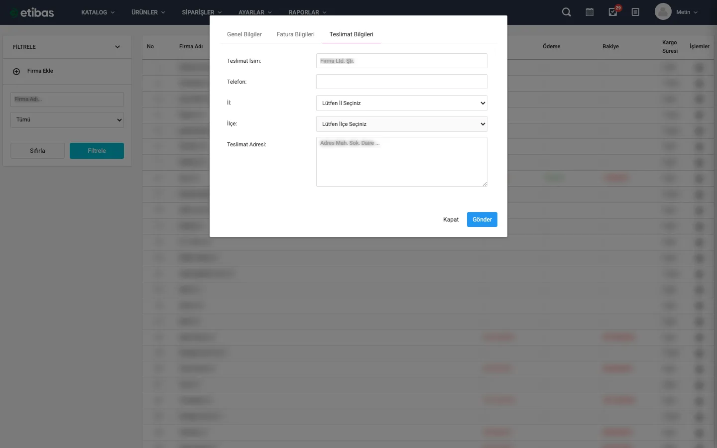 Firma Ekle — Teslimat Bilgileri