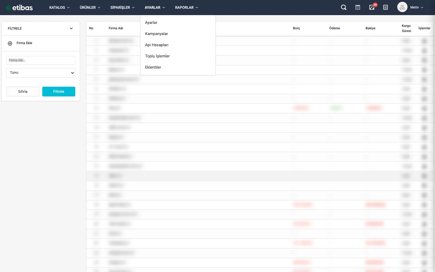 AYARLAR menüsünden Firmalar