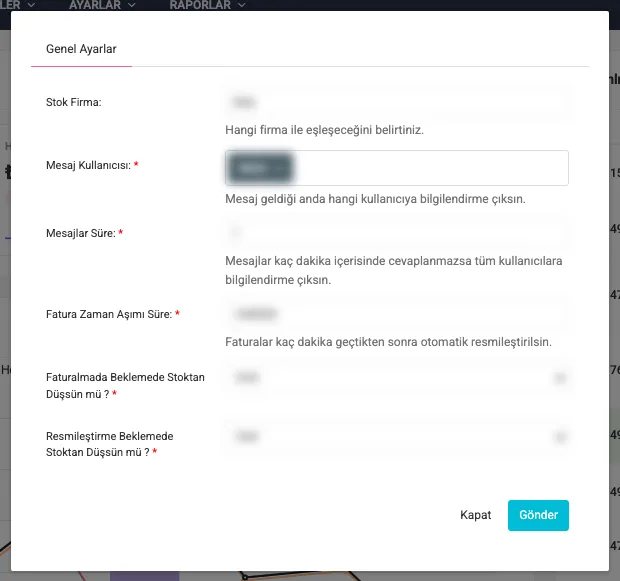 Genel Ayarlar modalı