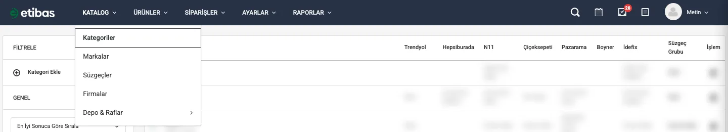 KATALOG menüsünden Kategoriler seçimi