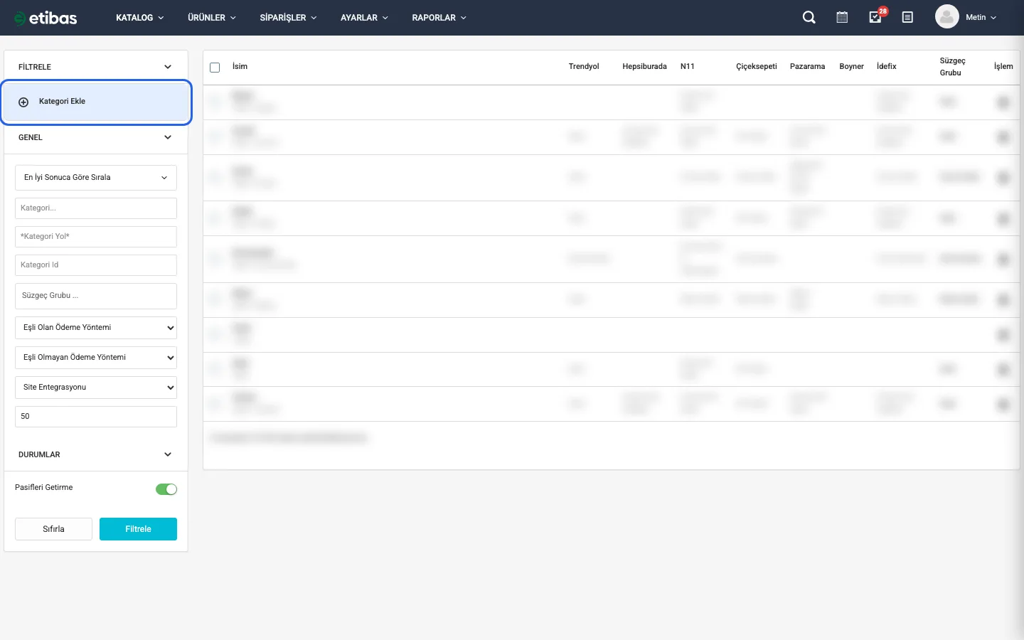Sol paneldeki Kategori Ekle butonu