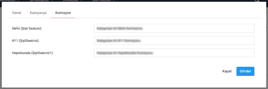 Kategori düzenleme — Komisyon sekmesi