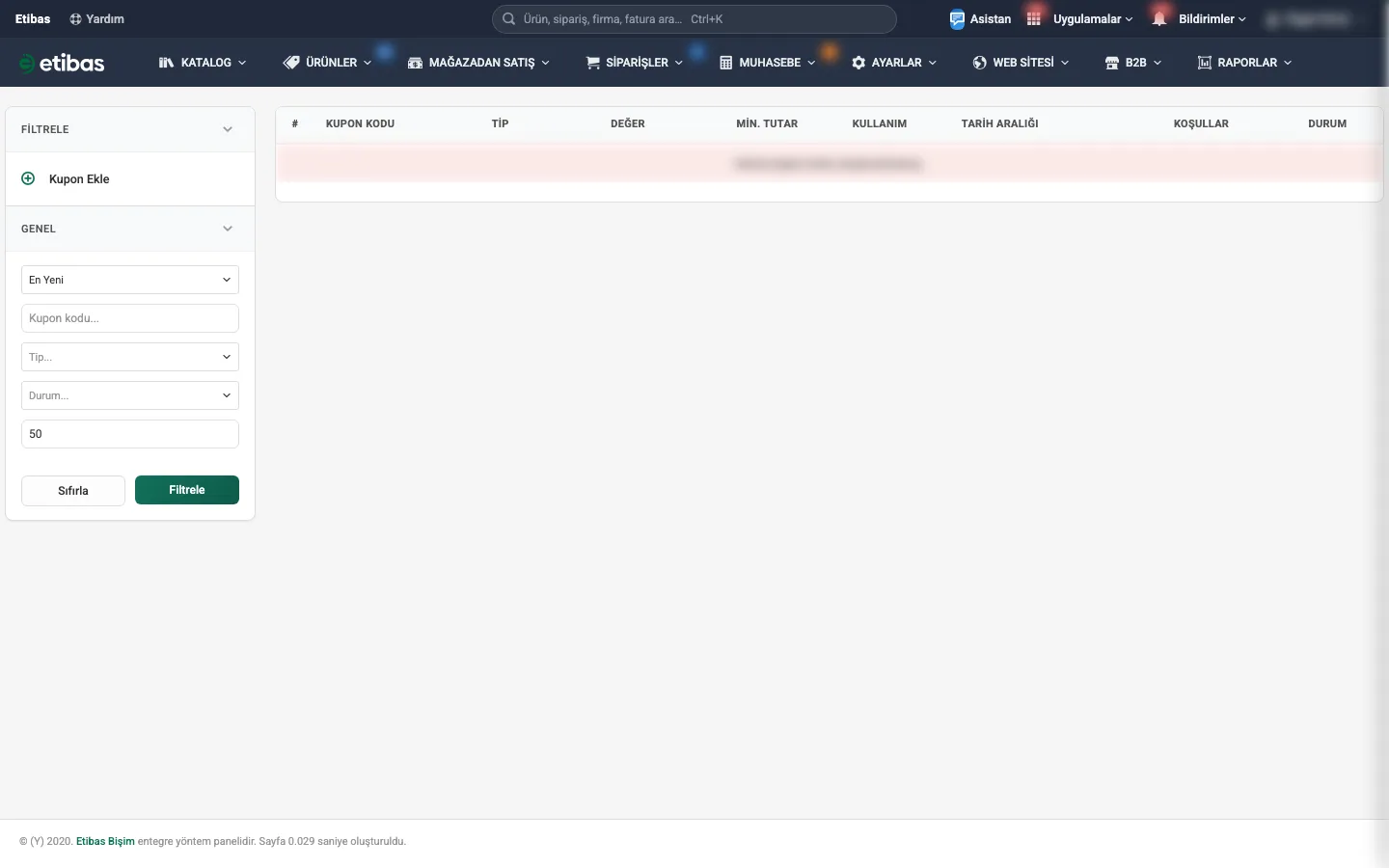 Kupon kodları listesi ve sütunları