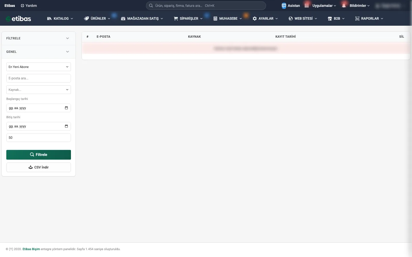 Mail Listesi tablosu ve sütunları