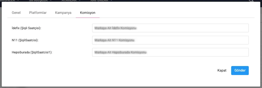 Marka düzenleme — Komisyon sekmesi