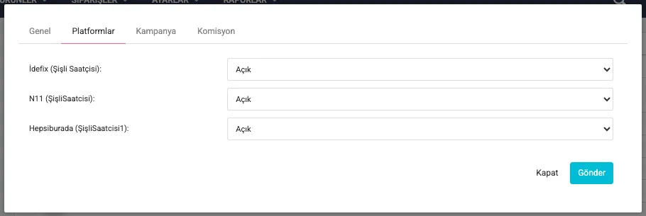 Marka düzenleme — Platformlar sekmesi