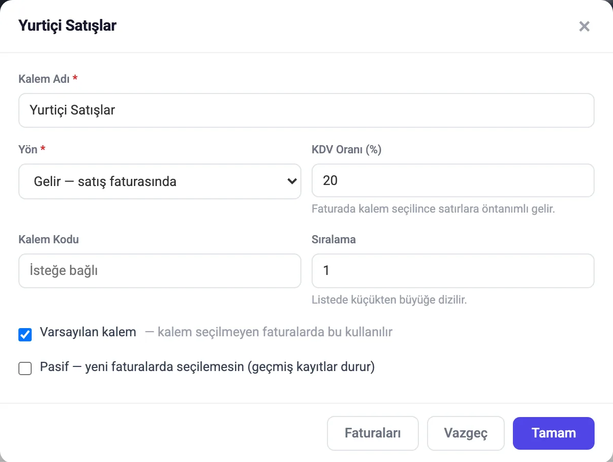 Mevcut bir kalemin düzenleme formu
