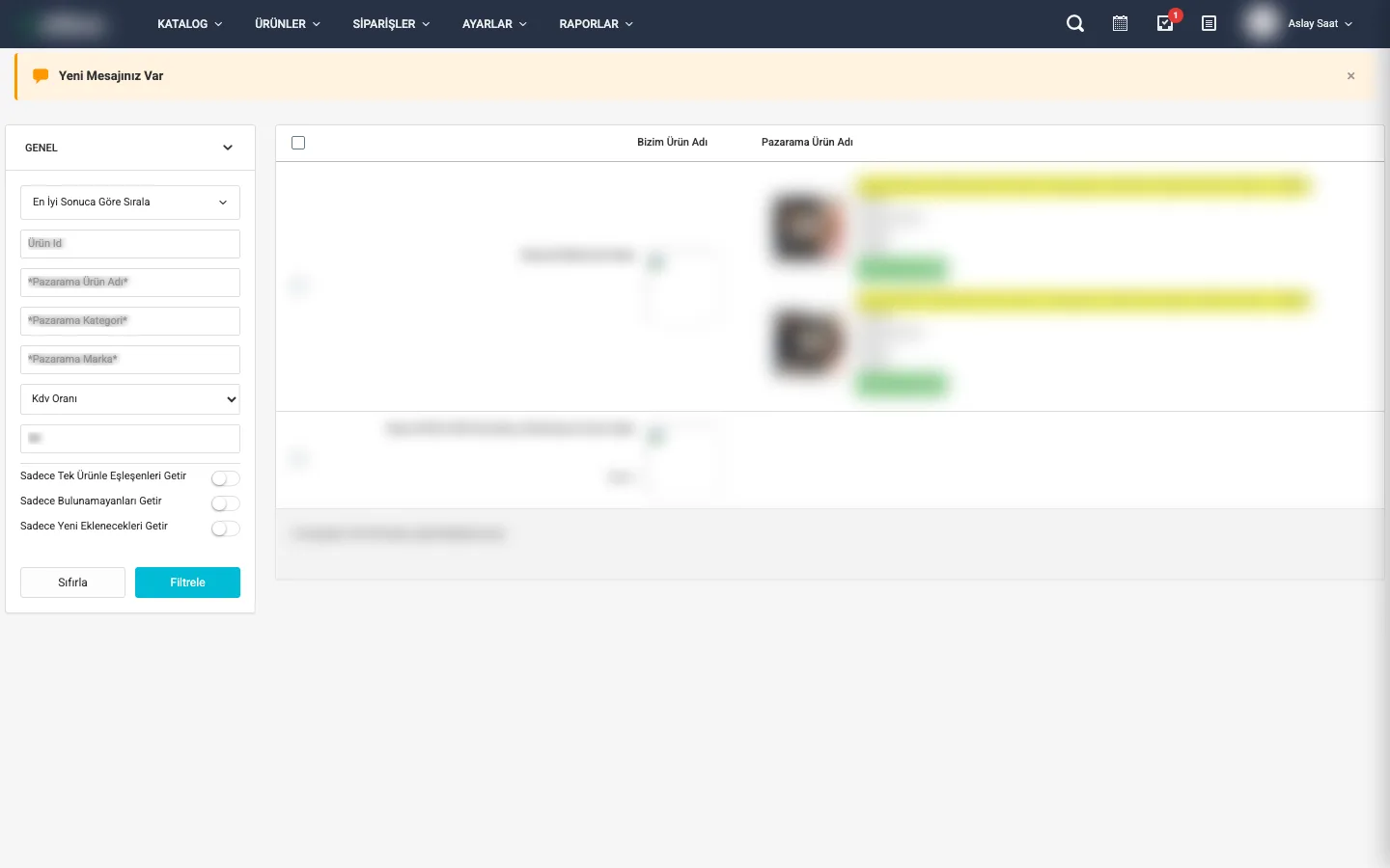 Pazarama İsimden Eşleşmeler listesi