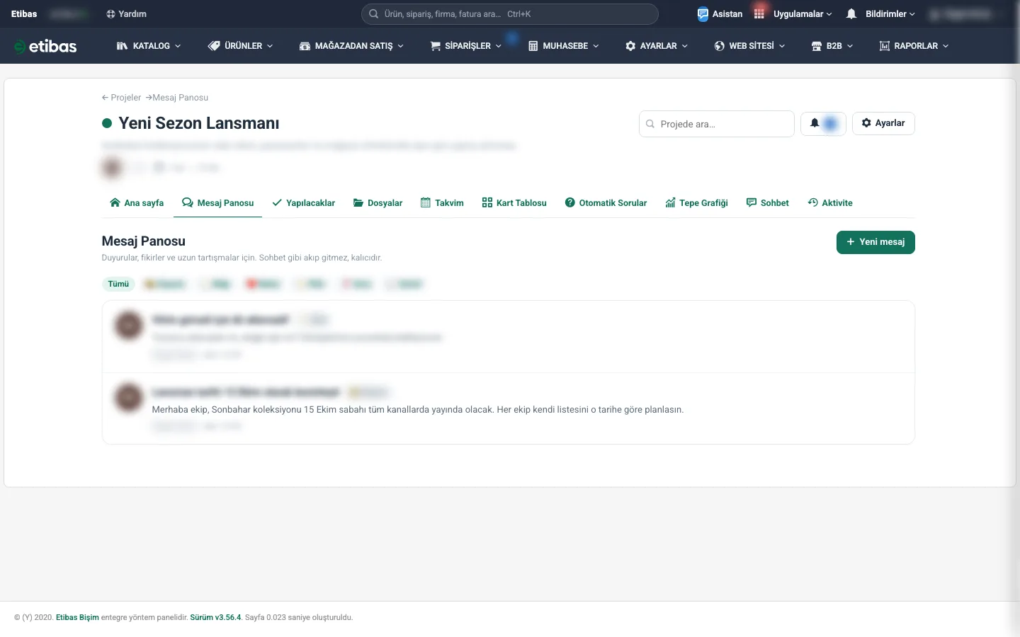 Mesaj Panosu: kategori çipleri ve mesaj listesi