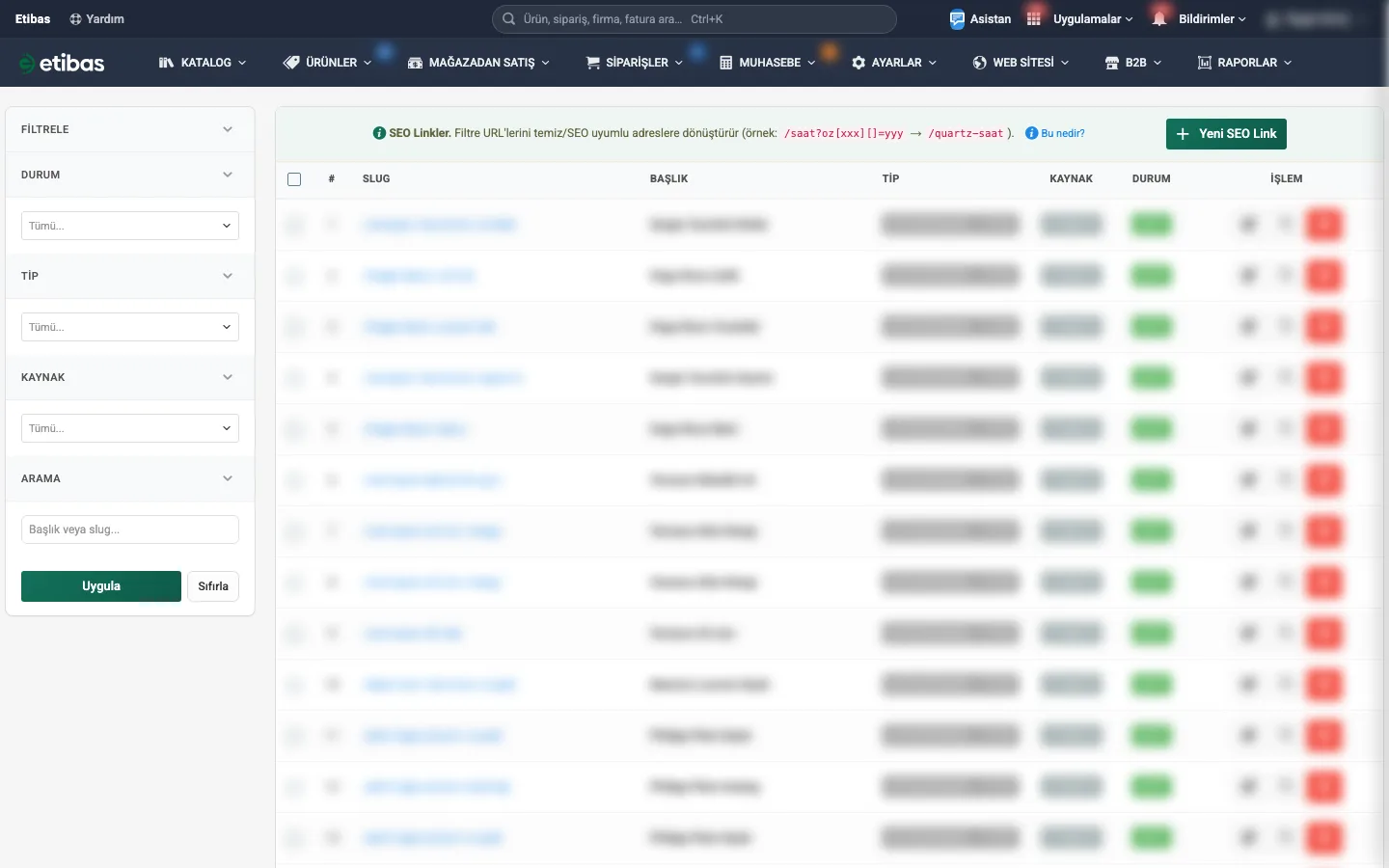 SEO Linkler liste ekranı, filtre alanları ve kayıt tablosu