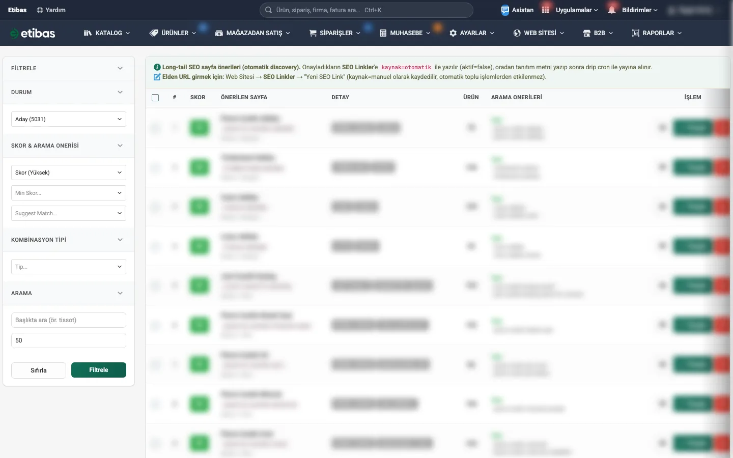SEO Önerileri liste ekranı ve üstündeki filtre alanları