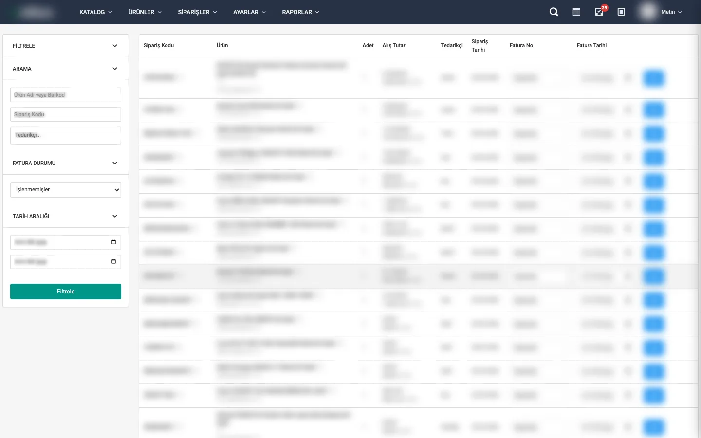 Sipariş Fatura Kontrol listesi