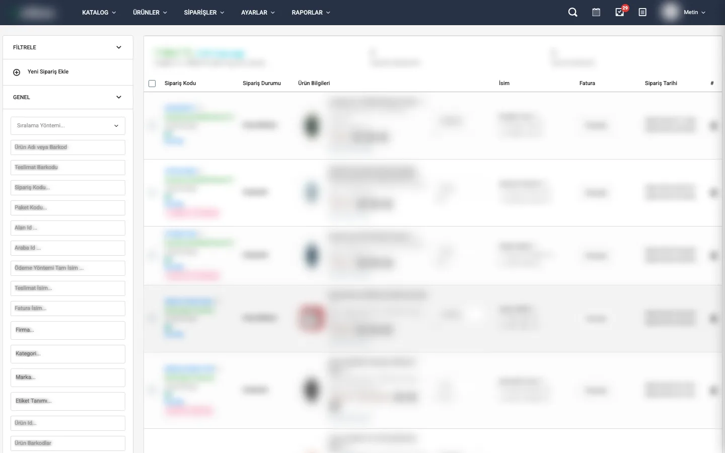 Siparişler istatistik paneli