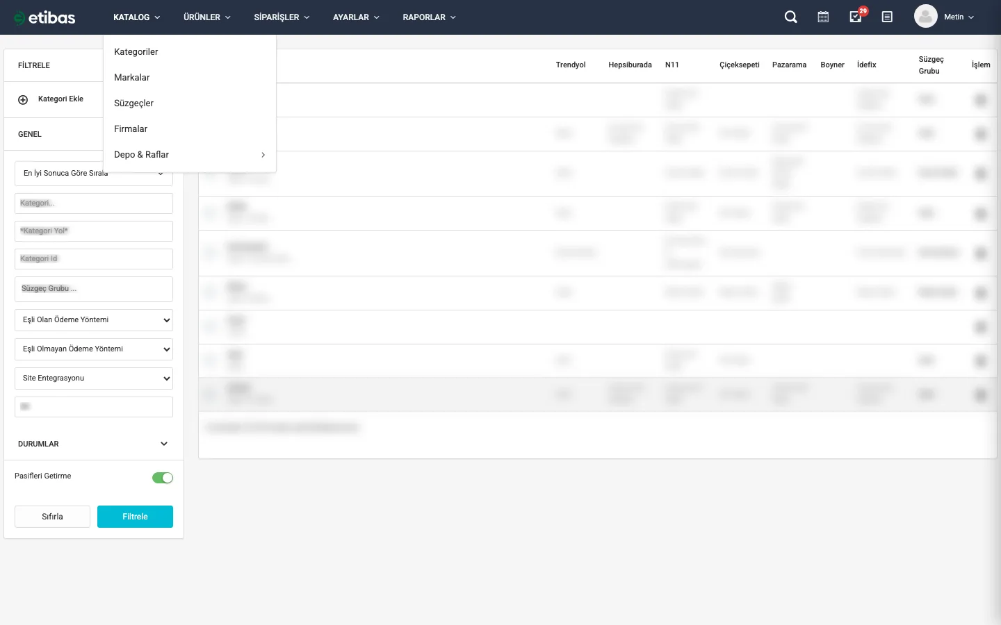 KATALOG menüsünden Süzgeçler seçimi