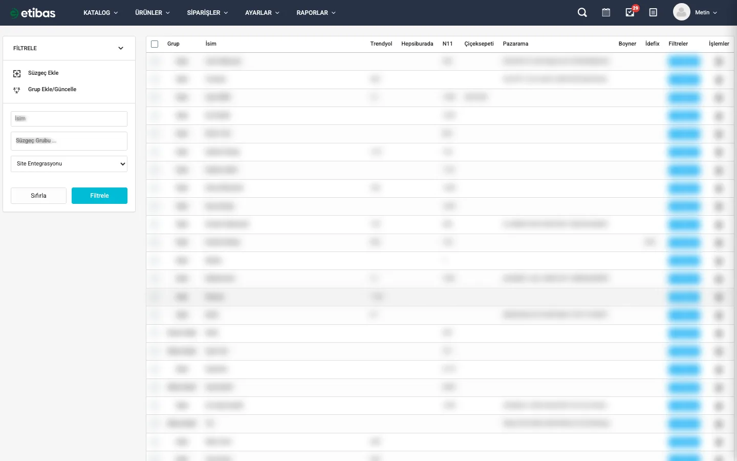 Süzgeçler liste sayfası