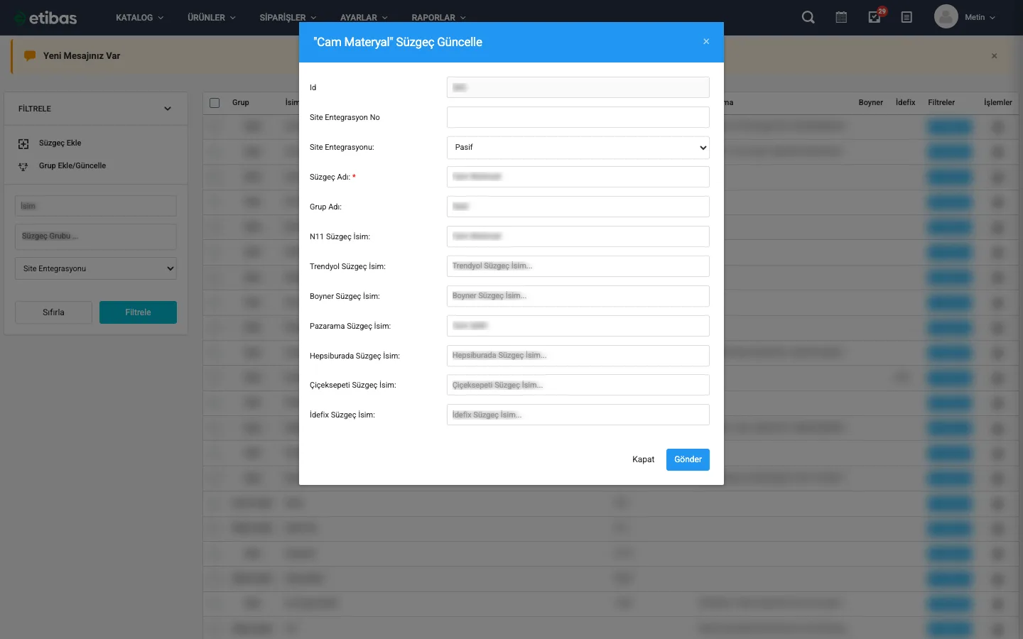 Süzgeç Güncelle formu