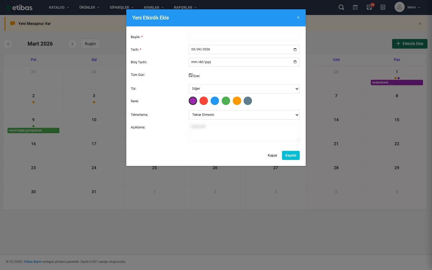 Yeni Etkinlik Ekle formu