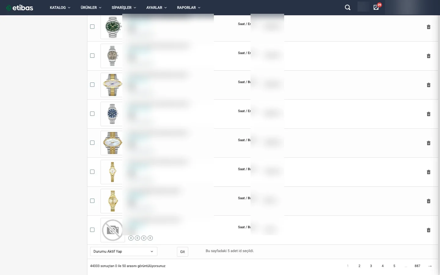 Toplu işlem — ürün seçimi ve işlem çubuğu