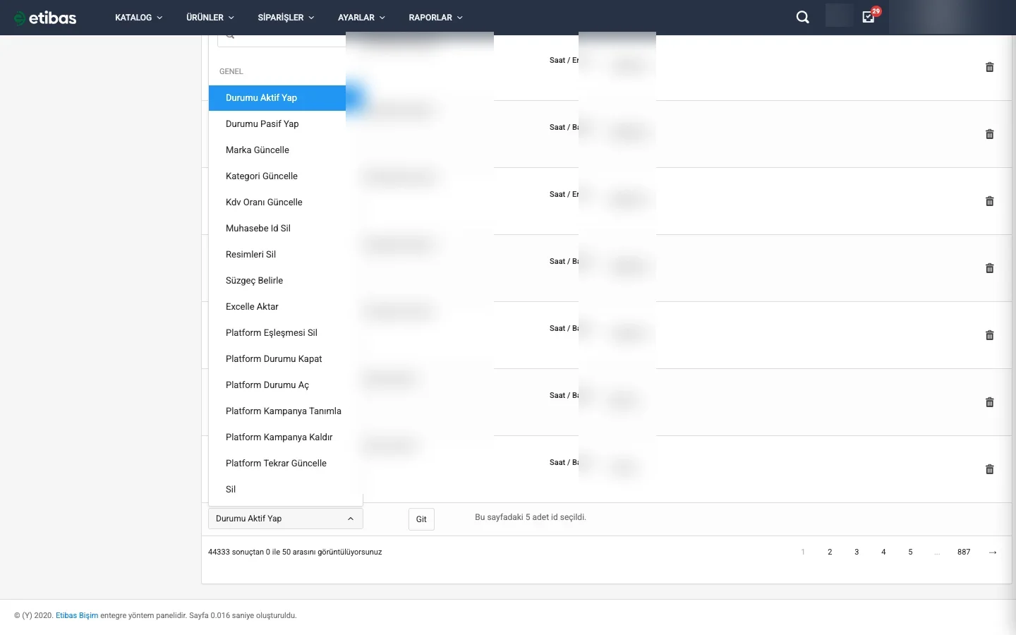 Ürün toplu işlem menüsü