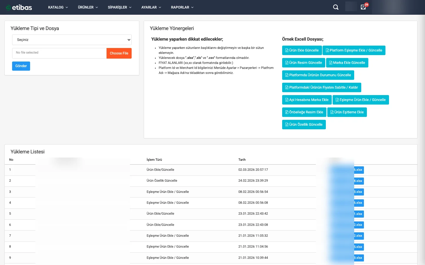 Toplu yükleme formu — yükleme tipi, dosya seçimi ve örnek şablonlar
