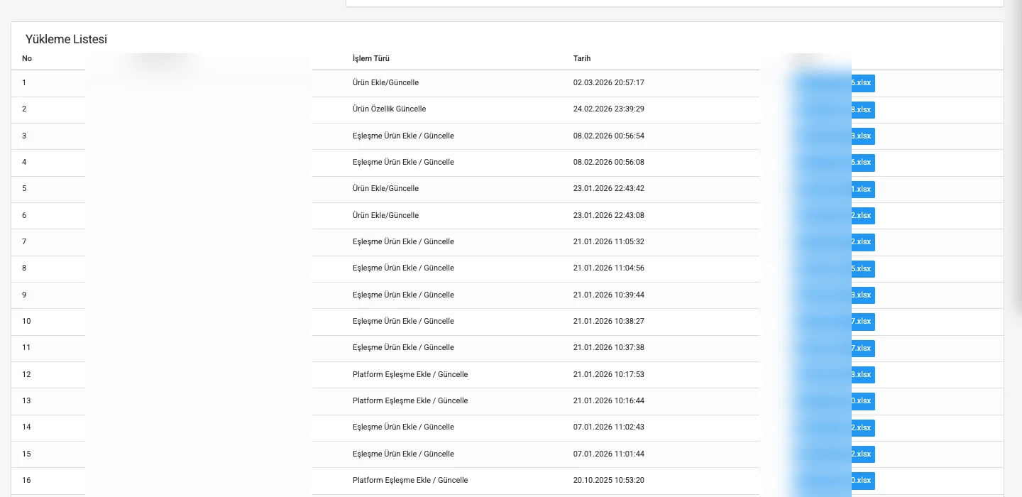 Toplu yükleme geçmişi listesi