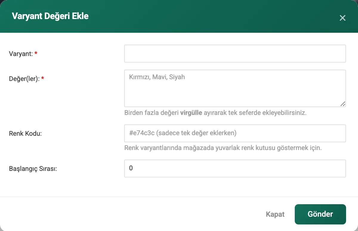 Değer Ekle formu; Değer, Renk Kodu ve Sıra alanları