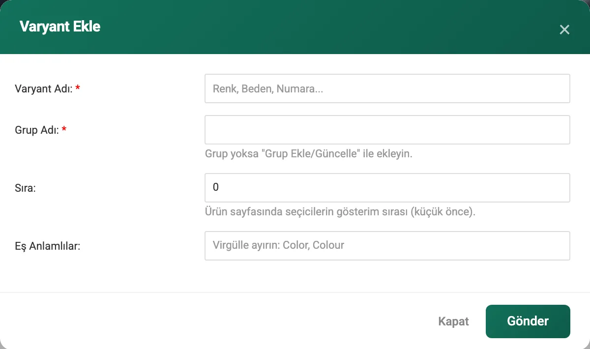 Varyant Ekle formu