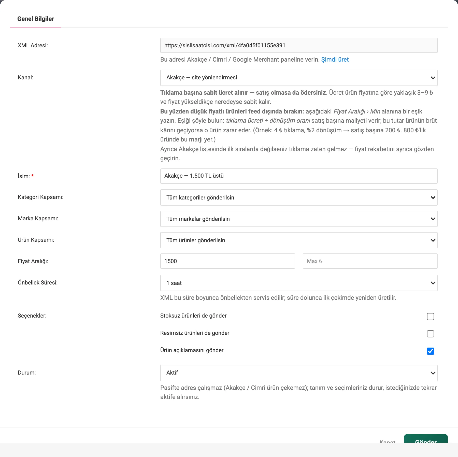 XML çıkışı düzenleme formu, Genel Bilgiler sekmesi
