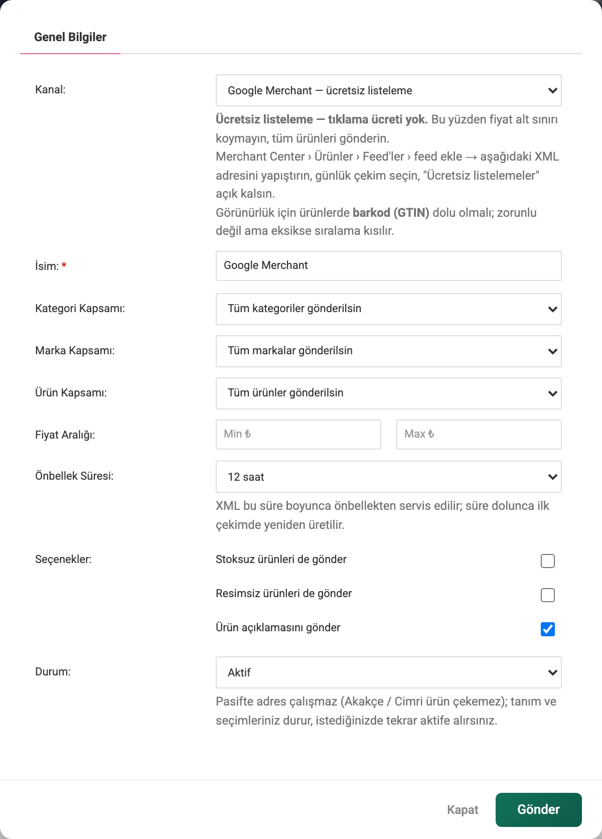 Yeni XML Çıkışı formu, Genel Bilgiler sekmesi