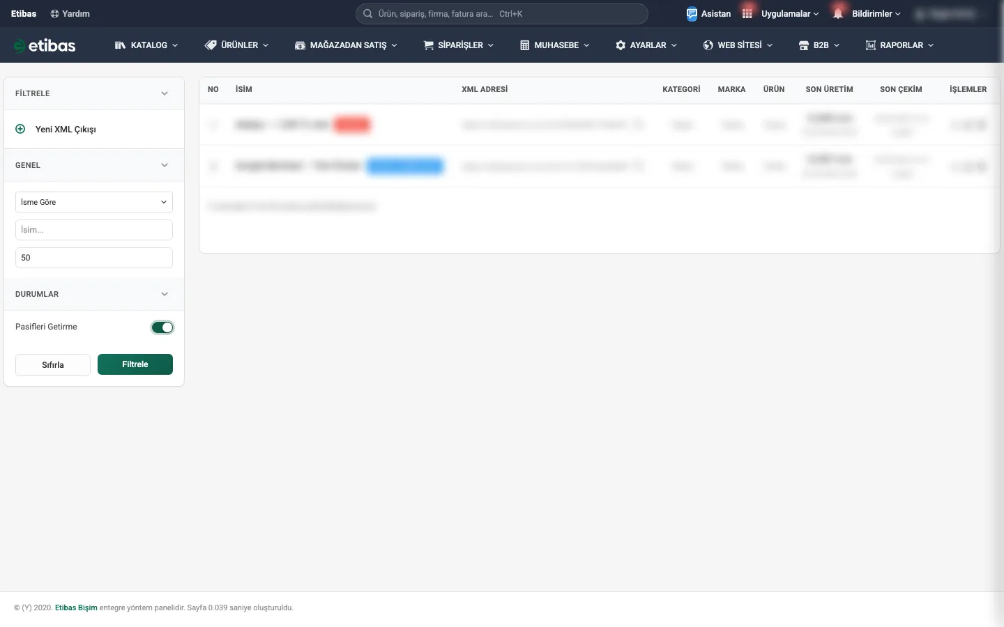 XML çıkışları listesi ve sütunları