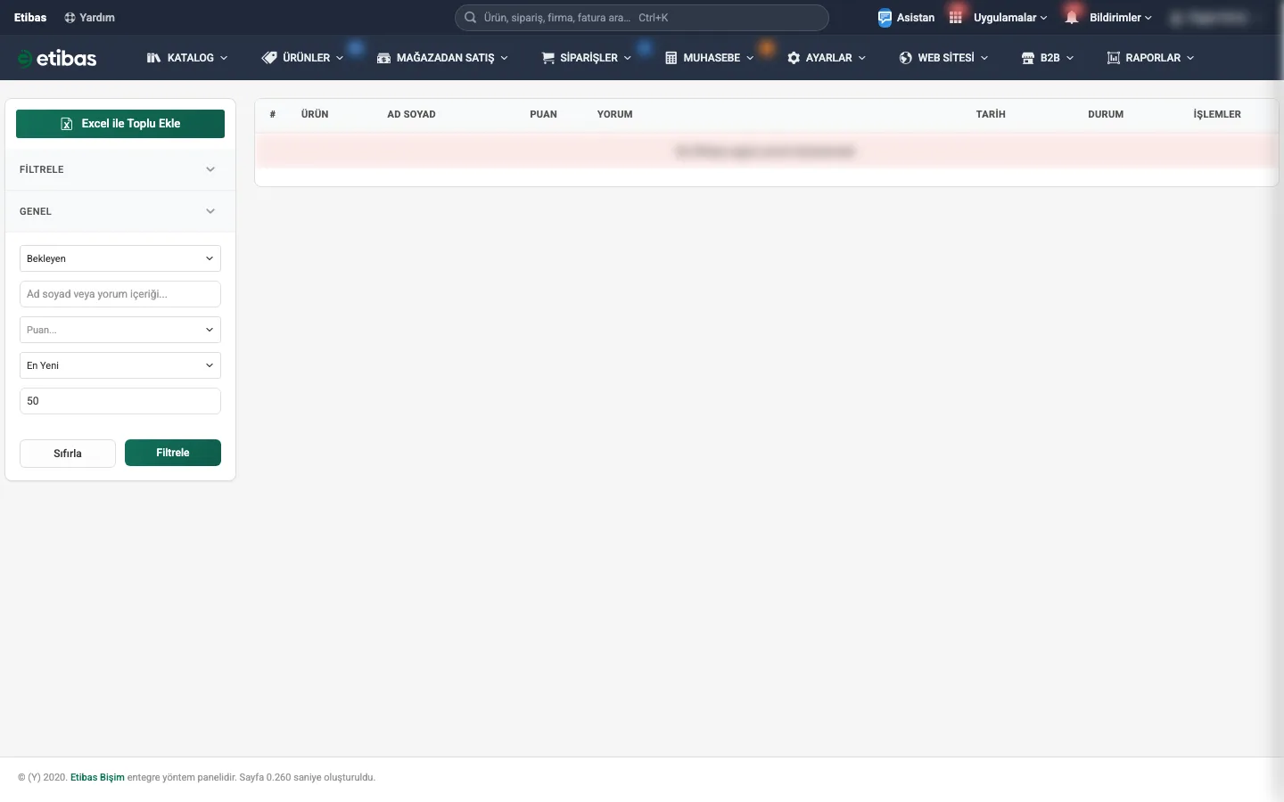 Ürün yorumları listesi ve üstündeki filtre alanları