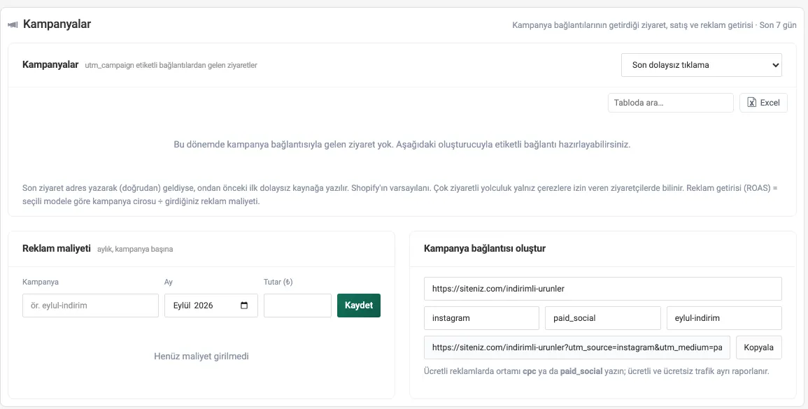 Kampanyalar ekranı, reklam maliyeti ve kampanya bağlantısı oluşturucu